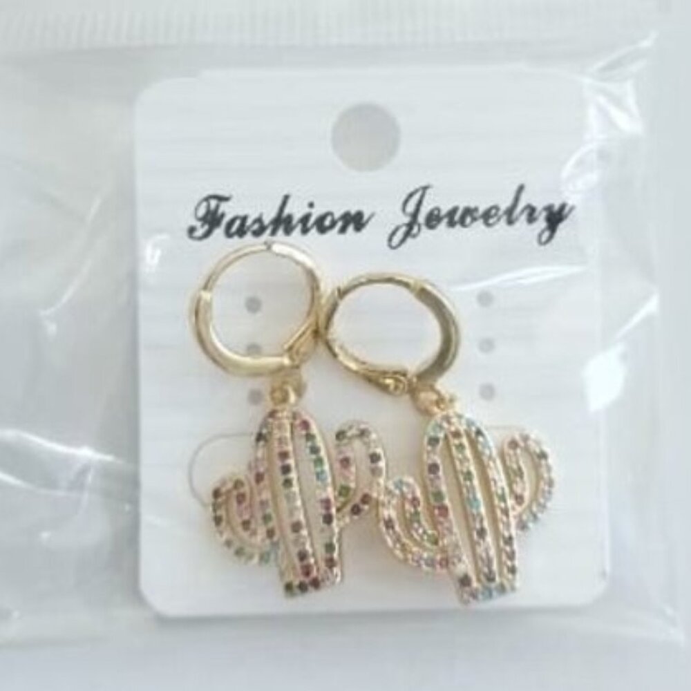 CACTUS -GOLD- plated-zirconia multicolor medium Stud Pendants Hoop Earrings
